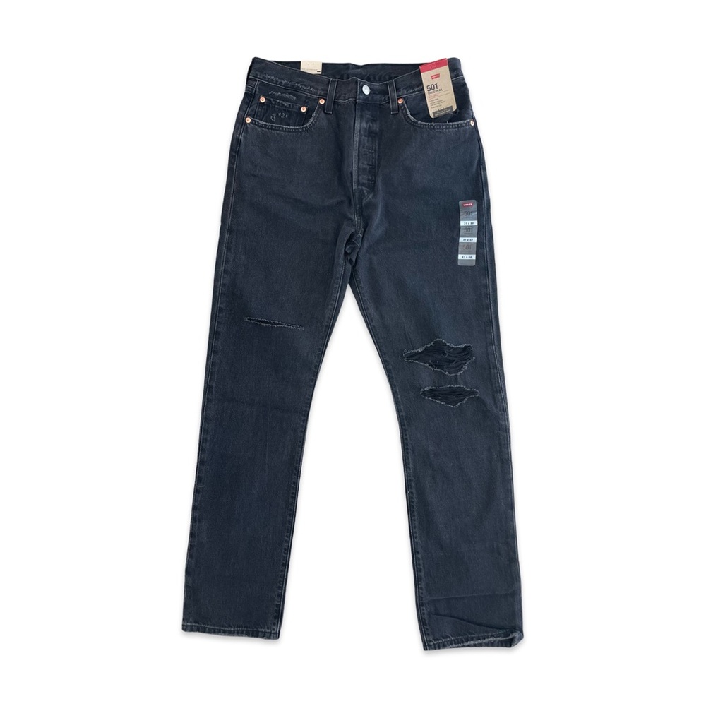NWT LEVI'S 501 Original High Rise Straight Leg Distressed Black Jeans Size 31x32